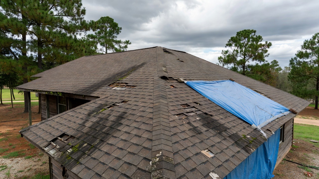 Storm-damaged roof before